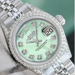 ROLEX DATEJUST LADIES STAINLESS STEEL GREEN MOTHER OF PEARL DIAMOND DIAL & LUGS