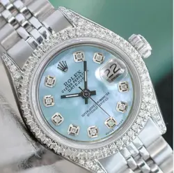 ROLEX DATEJUST LADIES STAINLESS STEEL BLUE MOTHER OF PEARL DIAMOND DIAL & LUGS