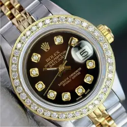 ROLEX DATEJUST LADIES TWO-TONE GOLD STEEL BROWN VIGNETTE DIAMOND DIAL WATCH 26MM
