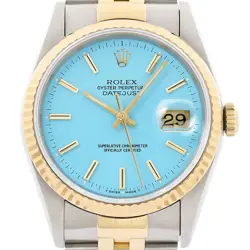 ROLEX MENS DATEJUST 16233 AQUA BLUE DIAL 18K YELLOW GOLD & STEEL 2TONE WATCH