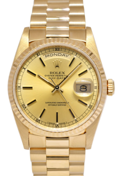 ROLEX DAY-DATE PRESIDENT 18K YELLOW GOLD CHAMPAGNE DIAL 36MM WATCH E 18238
