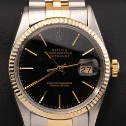 ROLEX DATEJUST 16013 FLUTED BEZEL WATCH 36MM TWO-TONE JUBILEE BLACK DIAL