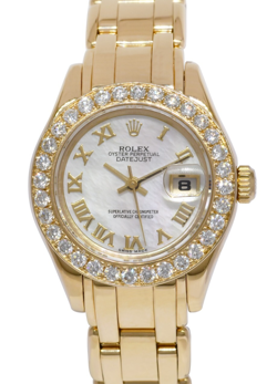 ROLEX DATEJUST PEARLMASTER 18K YELLOW GOLD MOP DIAMOND LADIES 29MM WATCH W 69328