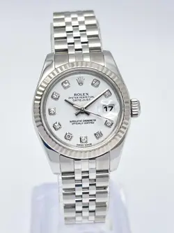 ROLEX DATEJUST 26MM 179174 FACTORY WHITE DIAMOND DIAL WHITE GOLD FLUTED PAPERS