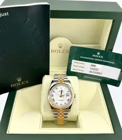 ROLEX DATEJUST 116233 36MM WHITE ROMAN DIAL 18K GOLD STEEL BOX SERVICE CARD