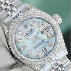 ROLEX DATEJUST LADIES STEEL BLUE MOTHER OF PEARL DIAMOND BAGUETTE DIAL WATCH