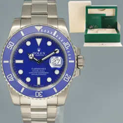 2015 MINT ROLEX SUBMARINER SMURF 116619 WHITE GOLD BLUE 40MM CERAMIC WATCH BOX