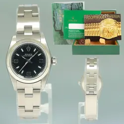 LADIES ROLEX 24MM STEEL 76080 BLACK DIAL OYSTER PERPETUAL WATCH BOX