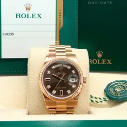 ROLEX 118235 DAY-DATE 36MM ROSE GOLD CHOCOLATE RUBY DIAMOND DIAL PRESIDENT-2015