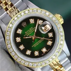 ROLEX DATEJUST LADIES TWO-TONE GOLD STEEL GREEN VIGNETTE DIAMOND DIAL WATCH 26MM