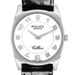 ROLEX CELLINI DANAOS WHITE GOLD WHITE DIAL BLACK STRAP MENS WATCH 4233