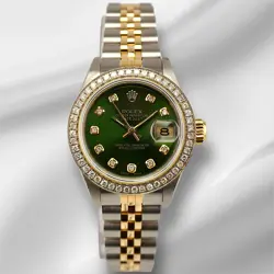 ROLEX LADIES DATEJUST 26MM 18K GOLD & STEEL WATCH 1.5CT DIAMONDS GREEN DIAL