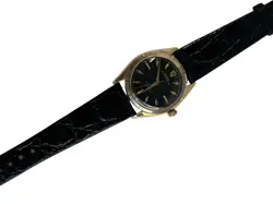 ROLEX OYSTER PERPETUAL 14K YELLOW GOLD BLACK DIAL LEATHER BAND