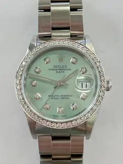 ROLEX OP DATE CUSTOM ICE BLUE DIAMOND DIAL & BEZEL 34MM AUTOMATIC WATCH 15200