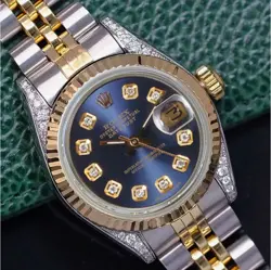ROLEX DATEJUST WOMENS TWO-TONE GOLD STEEL METAL BLUE DIAMOND DIAL & LUGS WATCH
