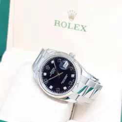 ROLEX 34MM BLACK DIAMONDS DIAL OYSTER PERPETUAL DATE REF: 115234 (AN SERIES)