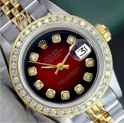 ROLEX DATEJUST LADIES TWO-TONE GOLD STEEL RED VIGNETTE DIAMOND DIAL WATCH 26MM