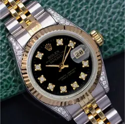 ROLEX DATEJUST WOMENS TWO-TONE GOLD STEEL BLACK DIAMOND DIAL & LUGS WATCH 26MM