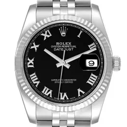 ROLEX DATEJUST STEEL WHITE GOLD BLACK ROMAN DIAL MENS WATCH 116234 BOX CARD
