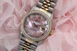 ROLEX DATEJUST PINK MOTHER OF PEARL DIAMOND DIAL TWO TONE DIAMOND WATCH 36 MM