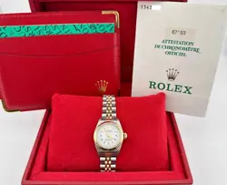 ROLEX LADIES OYSTER PERPETUAL 67193 WHITE ROMAN DIAL 18K GOLD STEEL BOX PAPERS