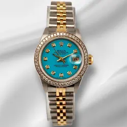 ROLEX LADIES DATEJUST 26MM 18K GOLD & STEEL WATCH 1.5CT DIAMONDS BLUE DIAL 69173
