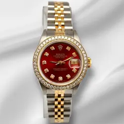 ROLEX LADIES DATEJUST 26MM 18K GOLD & STEEL WATCH 1.5CT DIAMONDS RED DIAL 69173