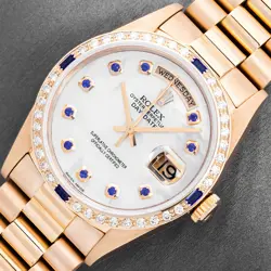 ROLEX MENS DAYDATE MOP SAPPHIRE DIAL - DIAMOND BEZEL - 18K GOLD PRESIDENT WATCH