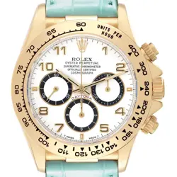 ROLEX DAYTONA YELLOW GOLD WHITE DIAL TURQUOISE STRAP MENS WATCH 16518