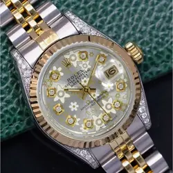 ROLEX DATEJUST WOMENS TWO-TONE GOLD STEEL SILVER FLORAL DIAMOND DIAL- LUGS WATCH