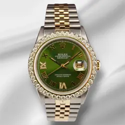 ROLEX MEN'S DATEJUST 36MM YG & STEEL ICED 2.25CT DIAMONDS GREEN ROMAN DIAL WATCH