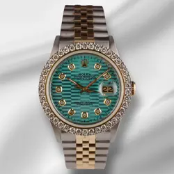 ROLEX MEN'S DATEJUST 36MM YG & STEEL ICED 2.25CT DIAMONDS BLUE MOTIF DIAL WATCH