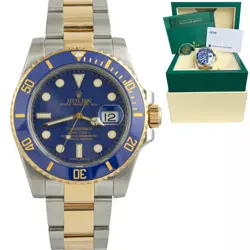ROLEX SUBMARINER 18K YELLOW GOLD STAINLESS STEEL BLUE CERAMIC 40MM 116613 LB BOX