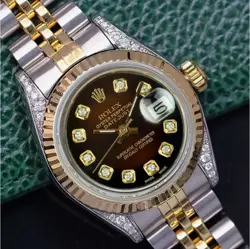ROLEX DATEJUST LADIES TWO-TONE GOLD STEEL BROWN VIGNETTE DIAMOND DIAL-LUGS WATCH