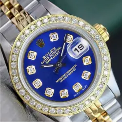 ROLEX DATEJUST LADIES TWOTONE GOLD STEEL BLUE DIAMOND DIAL & DIAMOND BEZEL WATCH