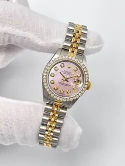 ROLEX DATEJUST 26MM 69173 PINK MOP DIAMOND DIAL DIAMOND BEZEL TWO TONE JUBILEE