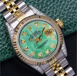 ROLEX DATEJUST LADIES TWO-TONE GOLD STEEL GREEN MOTHER OF PEARL DIAMOND WATCH