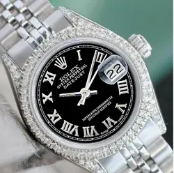 ROLEX DATEJUST LADIES STAINLESS STEEL BLACK ROMAN NUMERAL 1.40CTW DIAMONDS WATCH