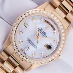 ROLEX MENS DAYDATE MOP DIAMOND DIAL - 18K GOLD PRESIDENT DIAMOND BEZEL WATCH