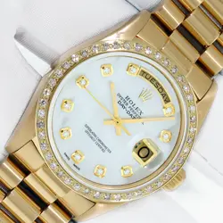 ROLEX MENS DAYDATE MOP DIAMOND DIAL - DIAMOND BEZEL - 18K GOLD PRESIDENT WATCH