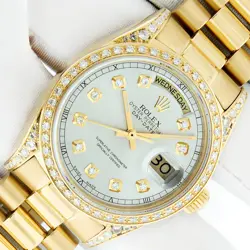 ROLEX MENS DAYDATE SILVER DIAMOND DIAL - DIAMOND BEZEL- 18K GOLD PRESIDENT WATCH