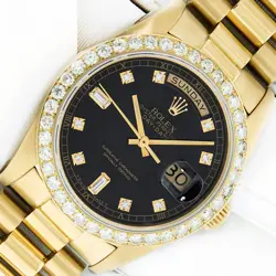 ROLEX MENS DAYDATE BLACK DIAMOND DIAL - DIAMOND BEZEL - 18K GOLD PRESIDENT WATCH