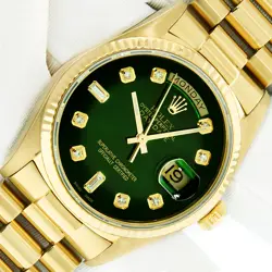 ROLEX MENS DAYDATE GREEN DIAMOND DIAL - FLUTED BEZEL - 18K GOLD PRESIDENT WATCH