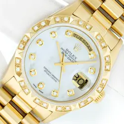 ROLEX MENS DAYDATE PRESIDENT, MOP DIAMOND DIAL - 18K GOLD DIAMOND BEZEL WATCH