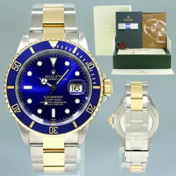 2017 RSC PAPERS 16613 MINT ROLEX SUBMARINER GOLD STEEL TWO TONE SUNBURST BLUE