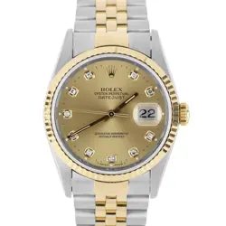 ROLEX DATEJUST TWO-TONE 18K GOLD NO-HOLES CHAMPAGNE DIAMOND 36MM 16233 WATCH
