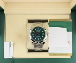 2019 ROLEX MILGAUSS 116400GV BLUE DIAL GREEN CRYSTAL SS OYSTER WITH PAPERS 40MM