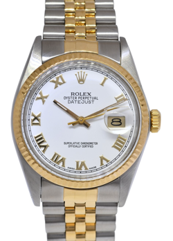 ROLEX DATEJUST 18K YELLOW GOLD/STEEL WHITE ROMAN DIAL MENS 36MM WATCH '85 16013