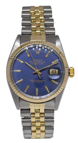 ROLEX DATEJUST 14K YELLOW GOLD/STEEL BLUE DIAL MENS 36MM WATCH '81 16013