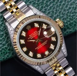 ROLEX DATEJUST LADIES TWO-TONE GOLD STEEL RED VIGNETTE DIAL REAL DIAMONDS WATCH